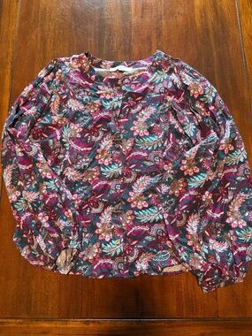 LOFT Floral Button-Front Blouse in Burgundy and Teal